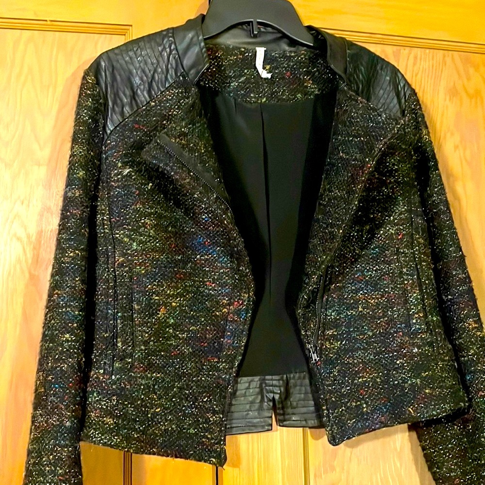 Brand New Moto style faux leather tweed boucle jacket. Bundle and save!!